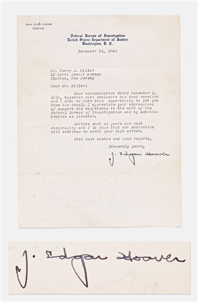 J. Edgar Hoover Letter Signed as FBI Director