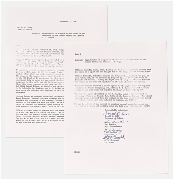 Lee Harvey Oswald Arrest Document With Account of Oswalds Apprehension -- Signed by All Four Arresting Officers -- "the officer and the suspect wrestled for the gun"