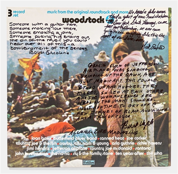 Woodstock Album Signed by Photographer Burk Uzzle & the Iconic Couple -- "Someone with a guitar here, someone making love there, someone smoking a joint...a bombardment of the senses"