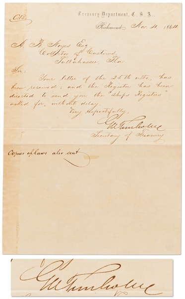 Letter Signed by Confederate Treasury Secretary George A. Trenholm on CSA Treasury Letterhead