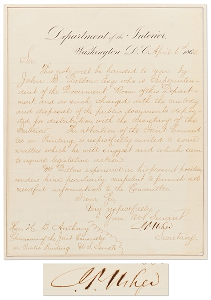 John P. Usher Letter Signed as Interior Secretary in Abraham Lincolns Cabinet -- Also Includes CDV of Usher