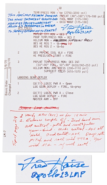 Fred Haise Signed Apollo 13 Mid-Course Correction Burn Notes -- With Additional Writing by Haise on the Significance of the Notes