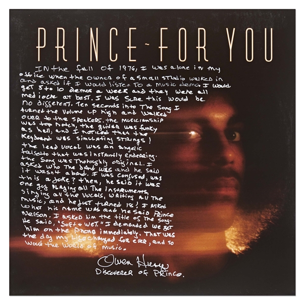 Princes First Album "For You" with Handwritten Recollection by Owen Husney, the Man Who Discovered Prince -- "The musicianship was top notch, the guitar was funky as hell"