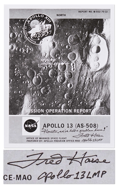 Fred Haise Signed Apollo 13 Mission Operation Report -- Haise Adds the Famous Mission Quote: Houston, weve had a problem here!