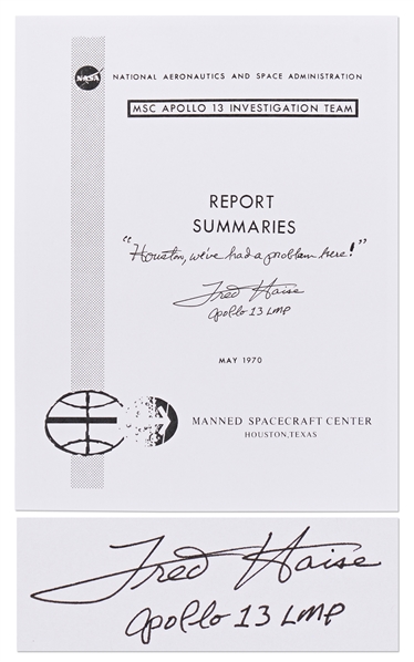 Fred Haise Signed Souvenir MSC Apollo 13 Investigation Team Report Summaries -- Haise Writes the Famous Mission Quote: Houston, weve had a problem here!