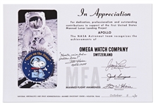 Fred Haise Signed Snoopy Award NASA Certificate Given to the Omega Watch Company After Apollo 13