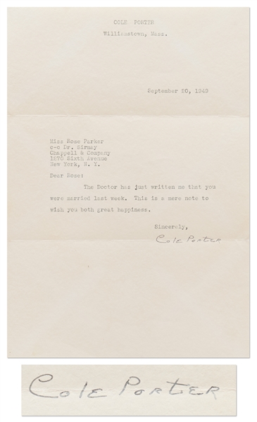 Letter Signed by Cole Porter -- "...you were married last week. This is a mere note to wish you both great happiness..."