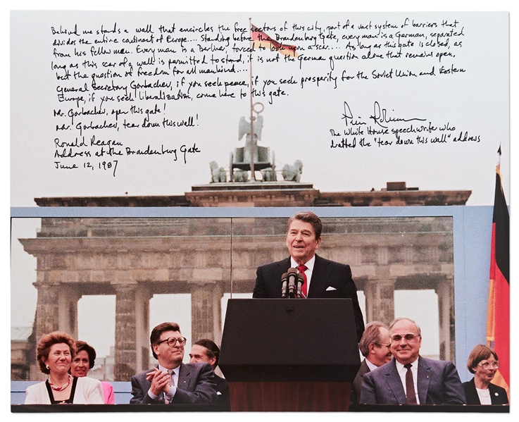 Ronald Reagan 20 x 16 Photo of Himself Delivering the Famous "Tear Down This Wall!" Speech -- With Handwritten Inscription by the Speechwriter Who Drafted the Words That Helped End the Cold War