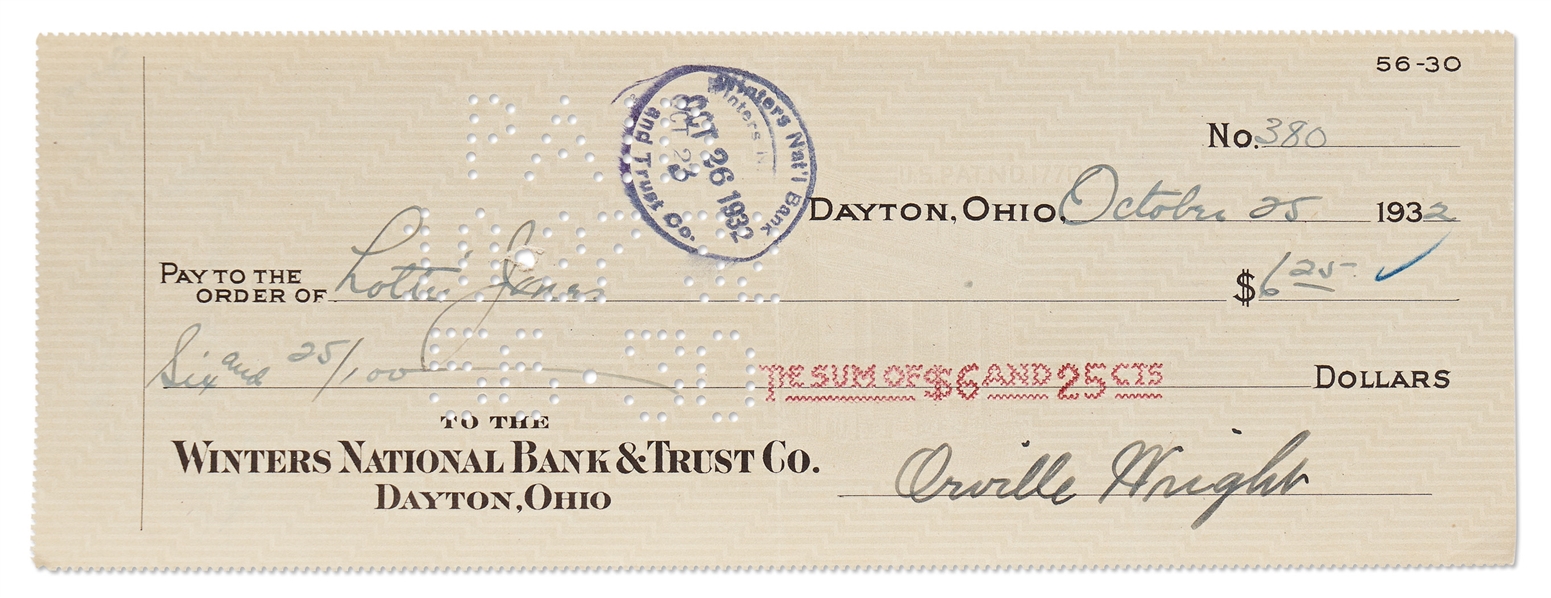Orville Wright Check Signed and Handwritten -- Bold and Pristine Signature