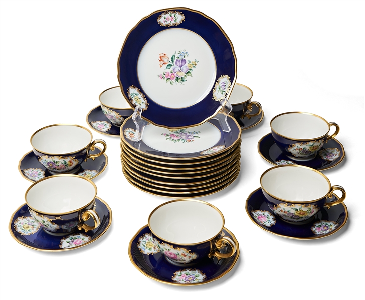 Margaret Thatcher Personally Owned China -- Set of 10 Dessert Plates and 7 Cup & Saucers in a Navy Blue Floral Pattern