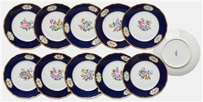Margaret Thatcher Personally Owned China -- Set of 10 Dessert Plates and 7 Cup & Saucers in a Navy Blue Floral Pattern