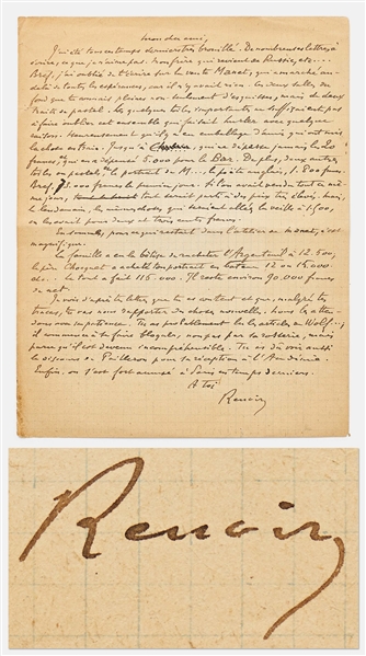 Pierre-Auguste Renoir Autograph Letter Signed, Likely to Claude Monet -- ''...I forgot to write to you about the Manet sale, which exceeded all expectations because there was nothing...''