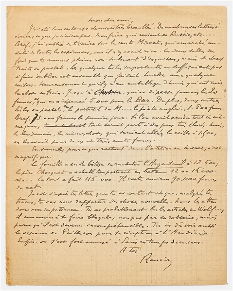 Pierre-Auguste Renoir Autograph Letter Signed, Likely to Claude Monet -- ''...I forgot to write to you about the Manet sale, which exceeded all expectations because there was nothing...''