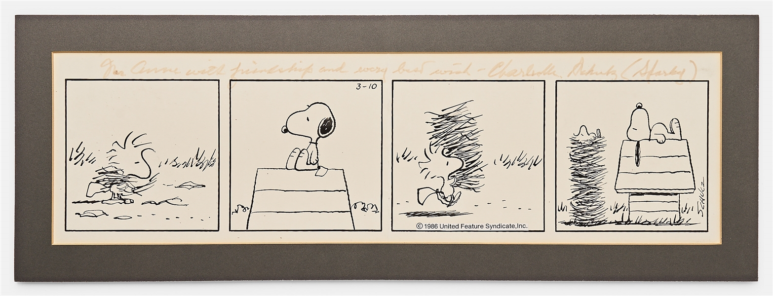 Original Charles Schulz Hand-Drawn ''Peanuts'' Comic Strip -- Woodstock Builds a Tall Nest to Sleep Next to Snoopy