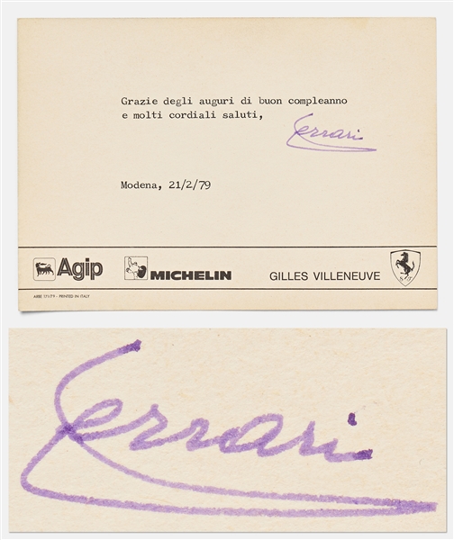 Enzo Ferrari Signed Postcard -- Scuderia Ferrari Postcard from 1979 Features Gilles Villeneuve for Ferrari's Formula One Team