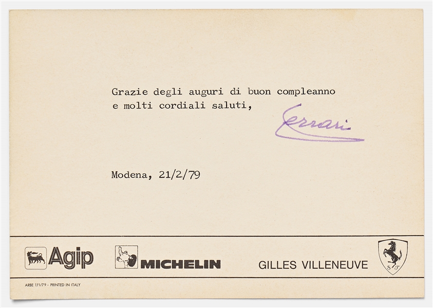 Enzo Ferrari Signed Postcard -- Scuderia Ferrari Postcard from 1979 Features Gilles Villeneuve for Ferrari's Formula One Team
