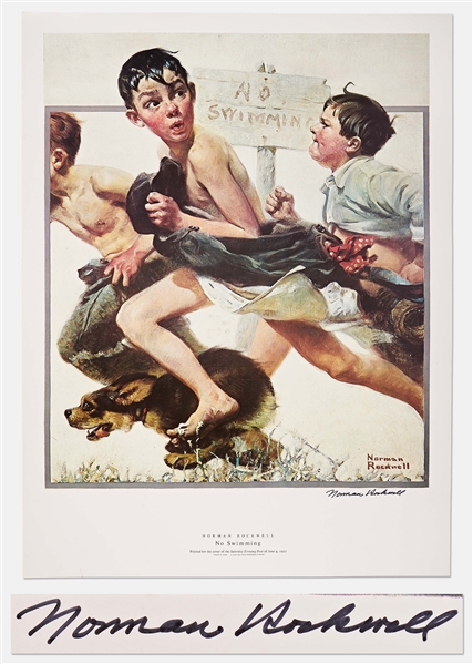Norman Rockwell Signed Lithograph of His Famous Painting ''No Swimming'' -- Measures 19'' x 25''