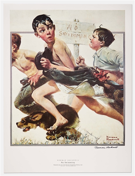 Norman Rockwell Signed Lithograph of His Famous Painting ''No Swimming'' -- Measures 19'' x 25''
