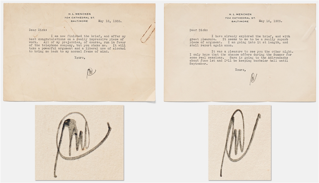 Lot of Two H.L. Mencken Initialed Letters from May 1935 -- ''...It will take a powerful argument and a liberal use of alcohol to bring me back to my normal frame of mind...''