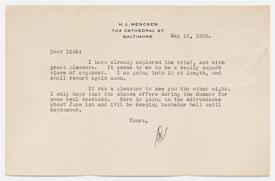 Lot of Two H.L. Mencken Initialed Letters from May 1935 -- ''...It will take a powerful argument and a liberal use of alcohol to bring me back to my normal frame of mind...''