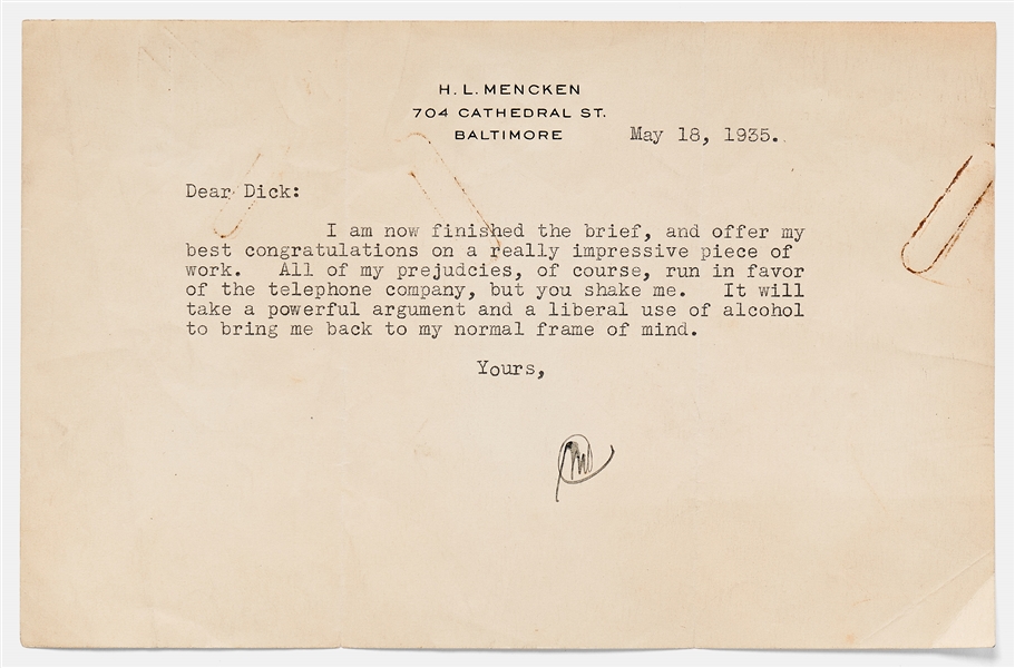 Lot of Two H.L. Mencken Initialed Letters from May 1935 -- ''...It will take a powerful argument and a liberal use of alcohol to bring me back to my normal frame of mind...''