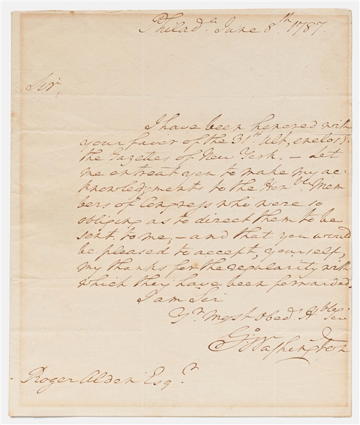 George Washington Autograph Letter Signed from Philadelphia on 8 June 1787, Just Days After Washington Was Elected President of the Constitutional Convention -- With Charles Hamilton COA