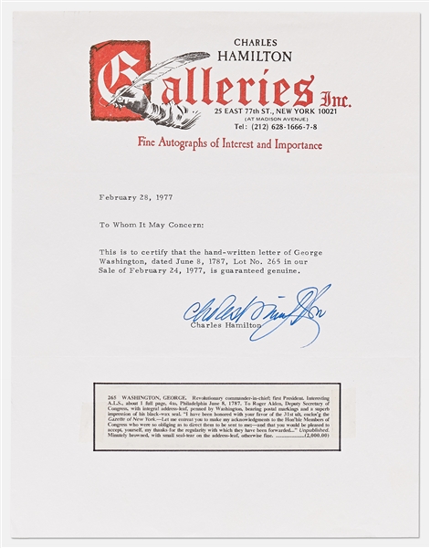 George Washington Autograph Letter Signed from Philadelphia on 8 June 1787, Just Days After Washington Was Elected President of the Constitutional Convention -- With Charles Hamilton COA