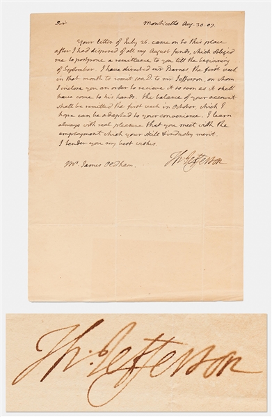 Thomas Jefferson Autograph Letter Signed as President, Regarding Overdue Payments to a Worker at Monticello: ''...after I had disposed of all my August funds...'' -- With University Archives COA