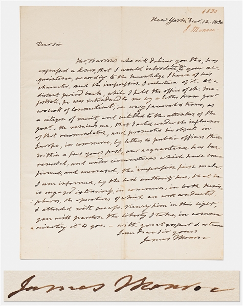 James Monroe Autograph Letter Signed -- ''...At a distant period back, while I held the office of Ch. Magistrate...[I] promoted his objects in Europe, in commerce, by letters to public officers...''