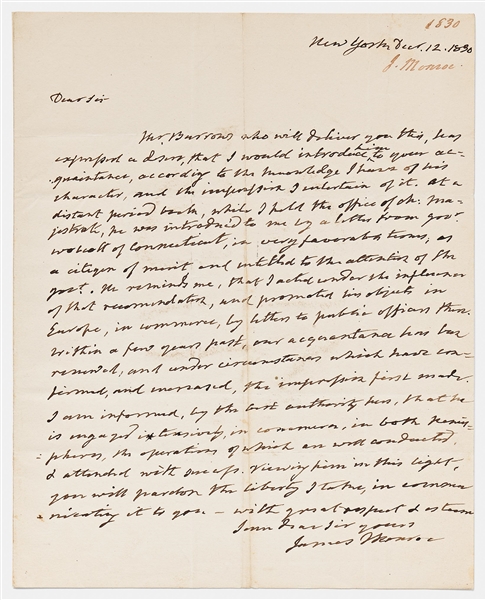 James Monroe Autograph Letter Signed -- ''...At a distant period back, while I held the office of Ch. Magistrate...[I] promoted his objects in Europe, in commerce, by letters to public officers...''