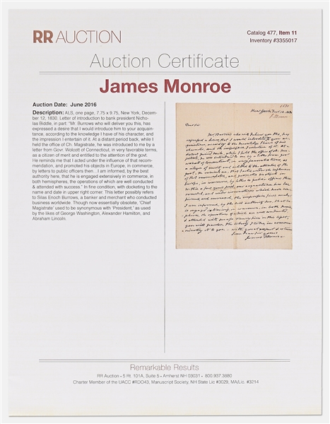 James Monroe Autograph Letter Signed -- ''...At a distant period back, while I held the office of Ch. Magistrate...[I] promoted his objects in Europe, in commerce, by letters to public officers...''