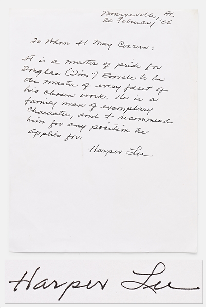 Harper Lee Signed Letter of Recommendation -- Signed With Her Famous Pen Name, ''Harper Lee''