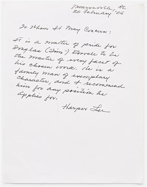 Harper Lee Signed Letter of Recommendation -- Signed With Her Famous Pen Name, ''Harper Lee''