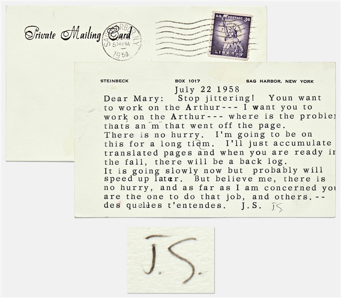 John Steinbeck Postcard Signed ''J.S.'' -- Steinbeck Writes to His Typist Regarding Working on ''Arthur'': ''Stop jittering!...you are the one to do that job.''