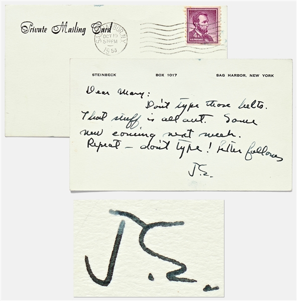 John Steinbeck Autograph Postcard Signed ''J.S.'' -- Steinbeck Tells His Typist to Ignore Manuscript Pages He Sent Her: ''That stuff is all out''