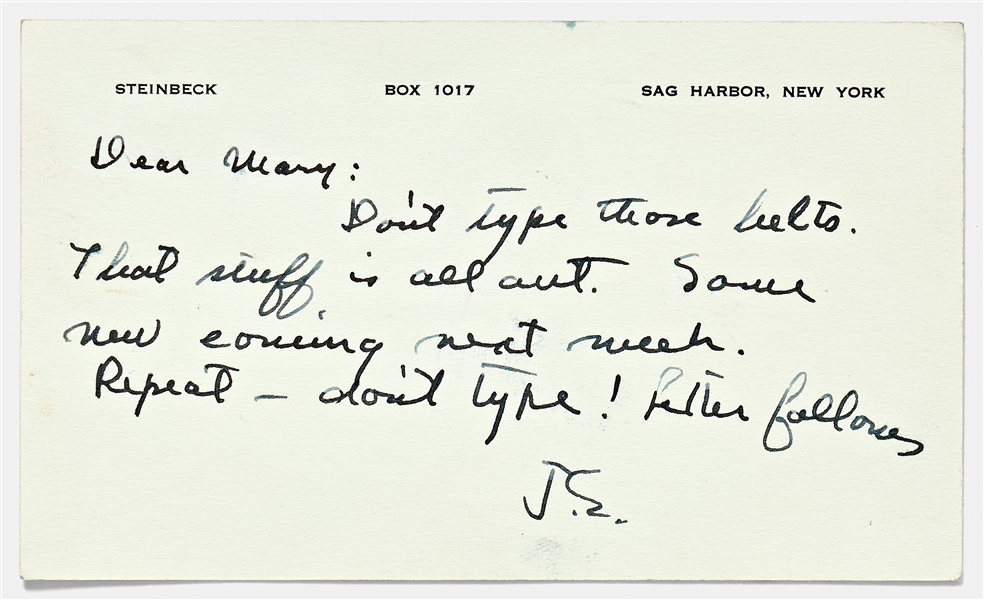 John Steinbeck Autograph Postcard Signed ''J.S.'' -- Steinbeck Tells His Typist to Ignore Manuscript Pages He Sent Her: ''That stuff is all out''