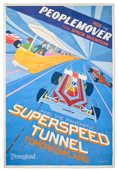 Original Disneyland Peoplemover Silk-Screened Park Attraction Poster -- Extremely Rare Example Also Advertising the Superspeed Tunnel