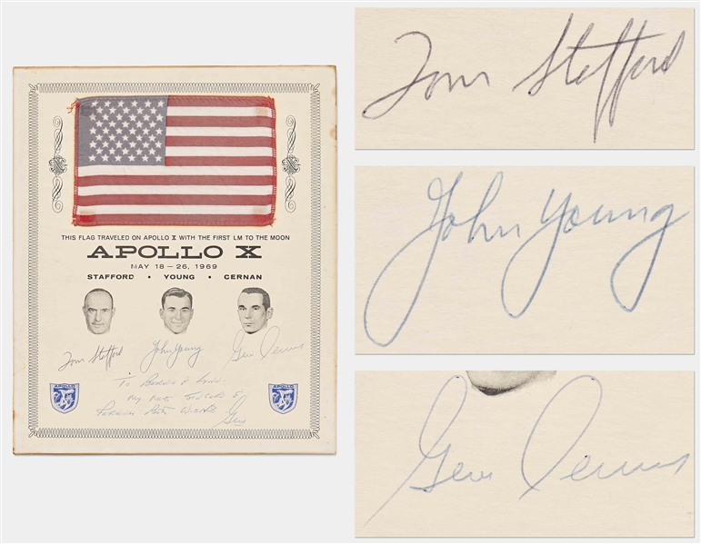 Apollo 10 Space Flown United States Flag, on NASA Certificate Signed by the Entire Crew