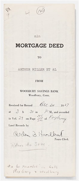 Marilyn Monroe and Arthur Miller Signed Mortgage Deed for their Roxbury, Connecticut Home