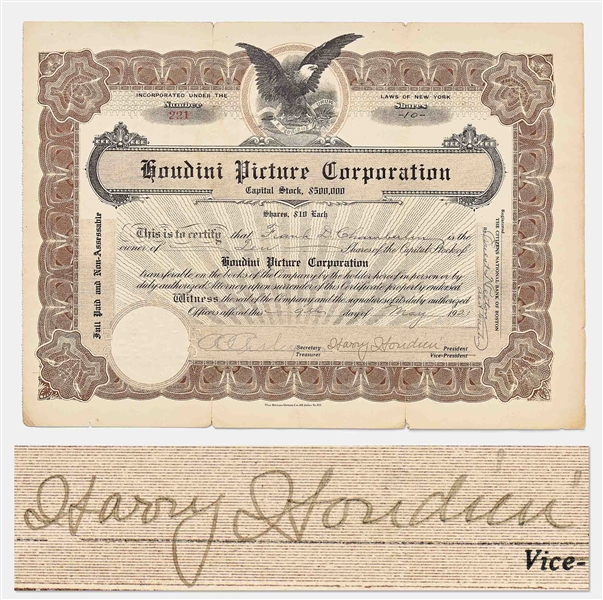 Harry Houdini Signed Stock Certificate to the Houdini Picture Corporation -- With University Archives COA