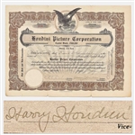 Harry Houdini Signed Stock Certificate to the Houdini Picture Corporation -- With University Archives COA