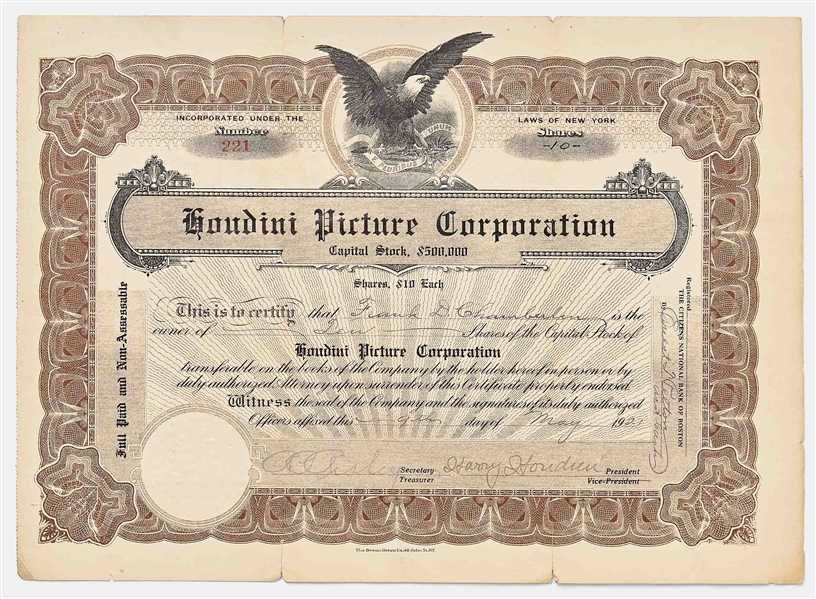 Harry Houdini Signed Stock Certificate to the Houdini Picture Corporation -- With University Archives COA