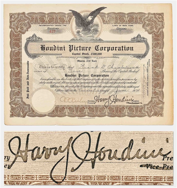 Harry Houdini Signed Stock Certificate to the Houdini Picture Corporation with Extremely Bold Signature -- With University Archives COA
