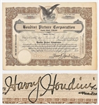 Harry Houdini Signed Stock Certificate to the Houdini Picture Corporation with Extremely Bold Signature -- With University Archives COA