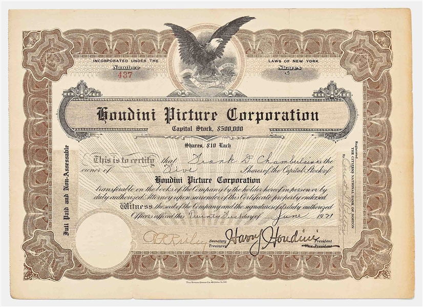 Harry Houdini Signed Stock Certificate to the Houdini Picture Corporation with Extremely Bold Signature -- With University Archives COA