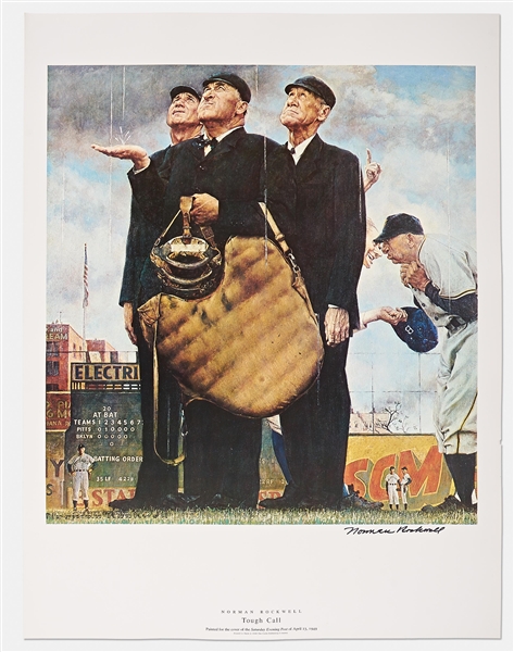 Norman Rockwell Signed Lithograph of His Famous Painting ''Tough Call'' -- Measures 19'' x 25''
