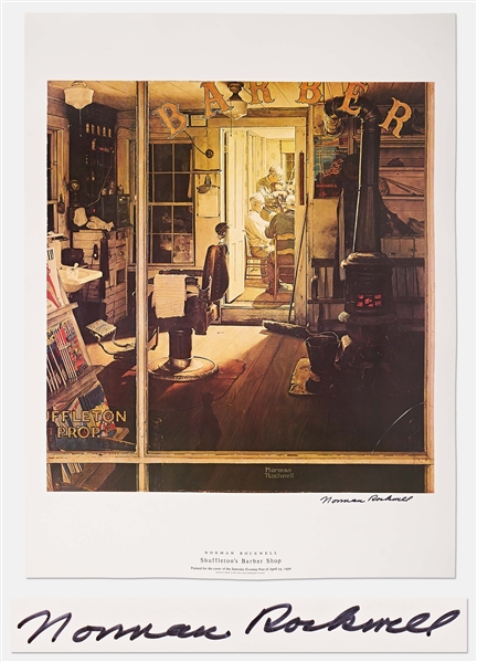 Norman Rockwell Signed Lithograph of His Famous Painting Shuffletons Barber Shop -- Measures 19 x 25