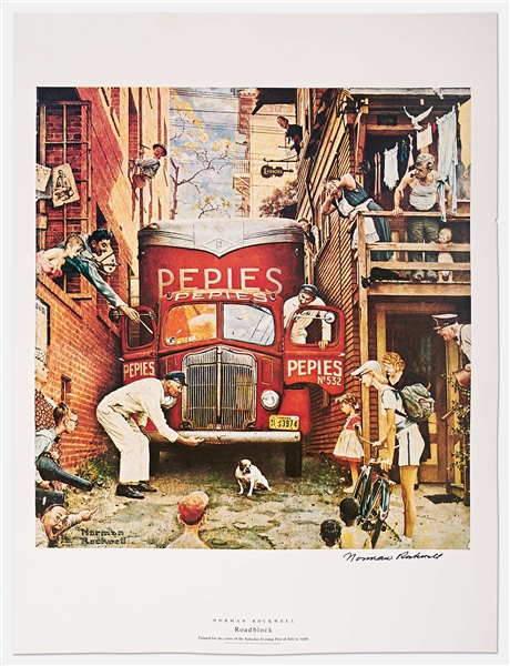 Norman Rockwell Signed Lithograph of His Famous Painting ''Roadblock'' -- Measures 19'' x 25''