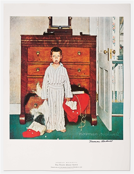 Norman Rockwell Signed Lithograph of His Famous Painting ''The Truth About Santa'' -- Measures 19'' x 25''
