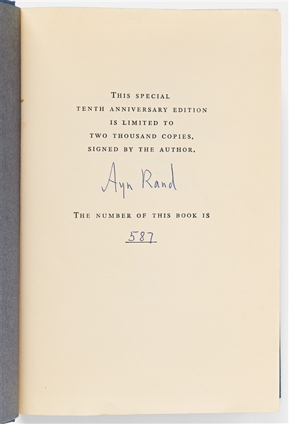 Ayn Rand Signed ''Atlas Shrugged'' -- Special 10th Anniversary Limited Edition -- Exceptional, Near Fine Condition